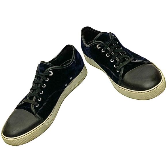 LANVIN Velvet Low Top Cap Toe Sneakers Men Size 11 Medium Navy Blue Pre-Owned - Picture 9 of 13